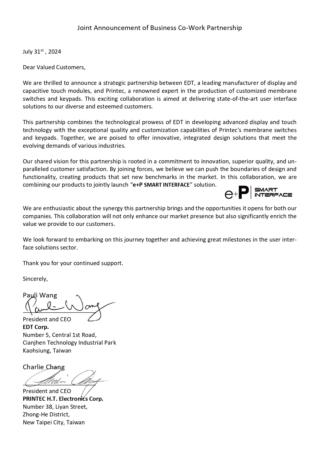 Joint Announcement of Business Co-Work Partnership